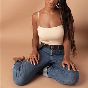 Tan colored spaghetti strap bodysuit